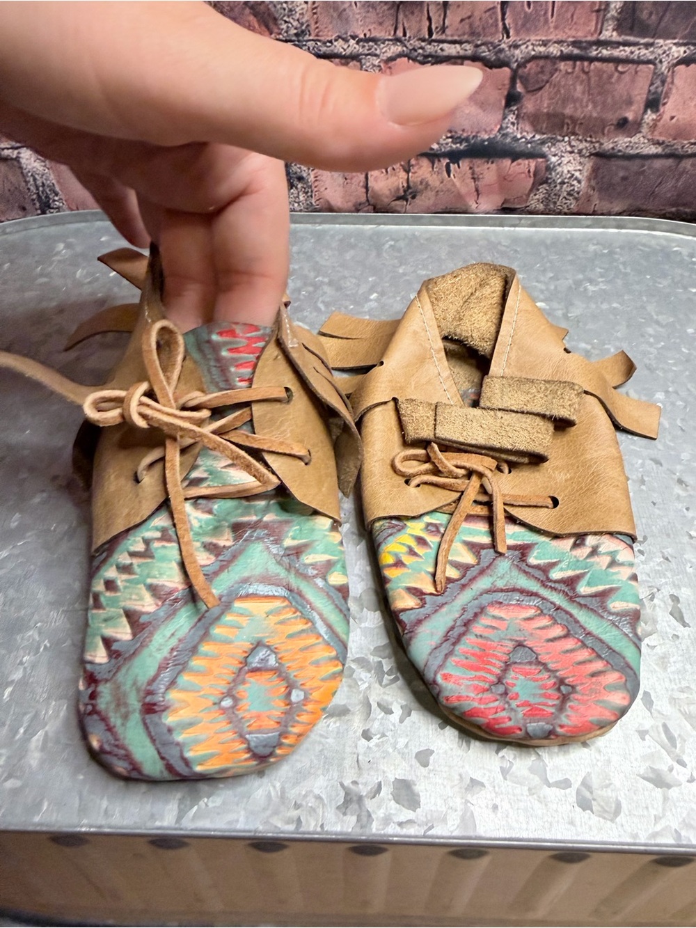 Tan Leather Kids Moccasins with Multicolor Aztec Toe